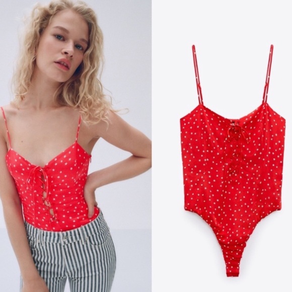 Zara Tops - NWT Zara Red & White Star Print Satin Lace Up Bodysuit